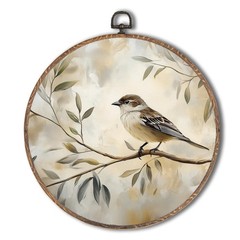 Vintage Bird Round Wall Art, Farmhouse Bird on Branch Round Wall Decor Framed…