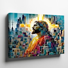 Abstract geometric cityscape with halo figure modern art canvas wall decor print