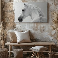 Elegant White Horse Canvasminimalist High-Contrast Horse Portrait Art Wall Art