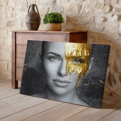 Modern Black and White Woman Portrait with Gold Paint Drip Abstract Canvas Art