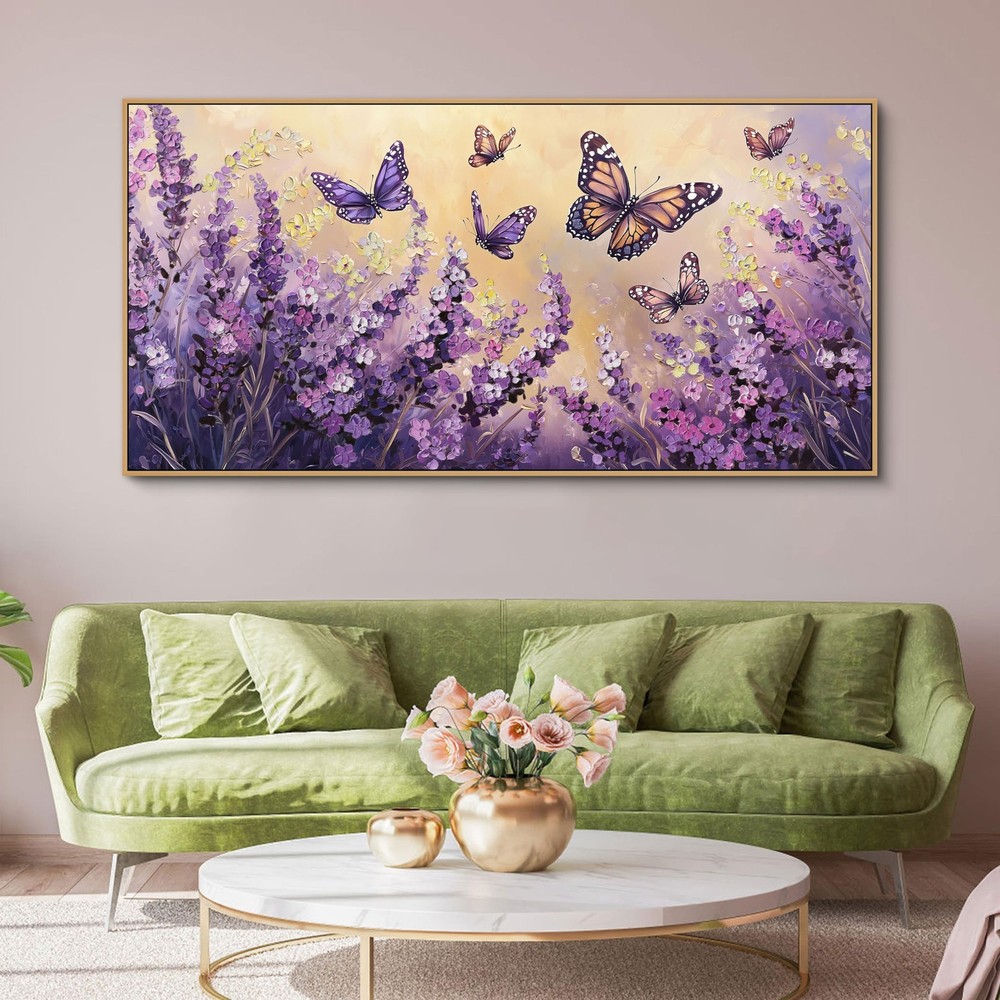 48×24 Inches Poster Frame Wall Art – Purple Lavender Butterfly Picture Artwor…