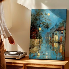 Wall Art Rainy Night Street Scene Village Houses Moonlight Painting Print Decor