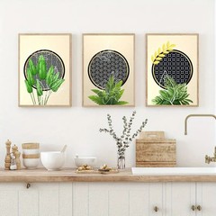 3pcs Vibrant Green,Black & Beige Circul Wall Art Poster Prints, Boho Wall Decor