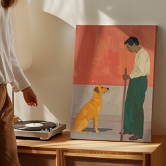 Canvas Wall Art a Minimalistic Modern Painting Showing a Man and a Dog Against