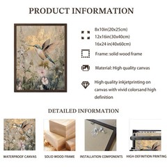 Vintage Floral Framed Wall Art, Hummingbird Gold Foil Style Canvas Prints for…