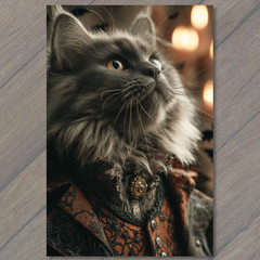 Art Print Regal Gray Cat Victorian Outfit Elegant Feline Portrait Fantasy Style