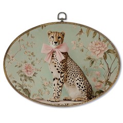 Vintage Chinoiserie Cheetah Leopard Oval Wall Art Decor Framed, Coquette Pink…