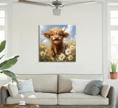 Highland Cow Baby Daisies Canvas Wall Art, 12x12in