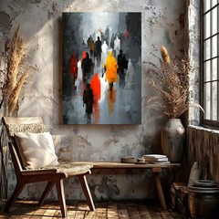 Wall Art Abstract City Crowd Painting Modern Urban Figures Canvas Print Decor