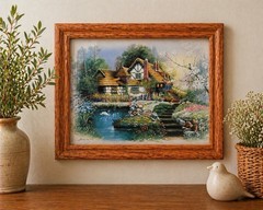 Vintage Andres Orpinas Cottage 1 Garden Swan Scene Framed Print Signed 11.5×9.5