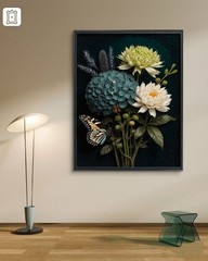Handmade Oil Painting Floral Still Life Butterfly Hydrangea Wall Art Framed Dark