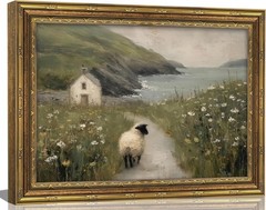 Rustic Coastal Sheep Oil Painting in Vintage Gold Frame – Farmhouse Wall Decor