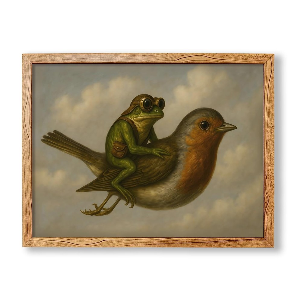 Funny Frog Riding Bird 08×10 inch Framed Modern Nature Wall Art Cute Whimsica…