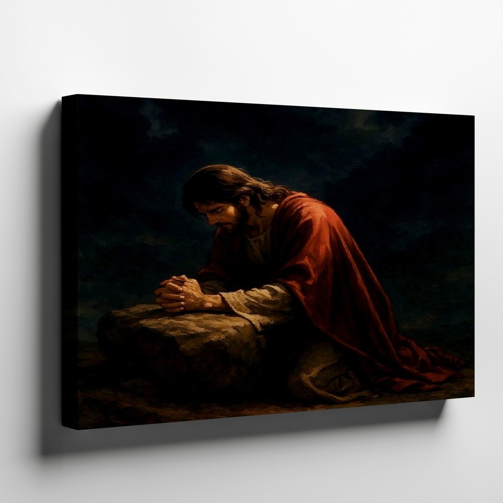 Christian Jesus Praying in Dark Moody Scenery Religious Gallery Canvas Decor