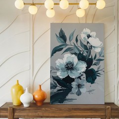 Modern Floral Watercolor Canvas Soft White Flowers & Teal Leaves Capture The