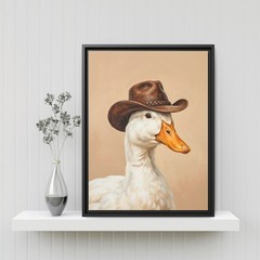 Funny Duck Wearing Cowboy Hat Canvas Print, Quirky Animal Portrait Painting