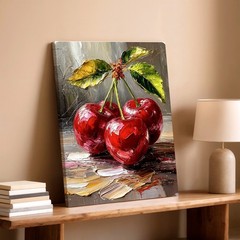 Wall Art Red Cherries Still Life Oil Painting Glossy Fruit Canvas Print Decor