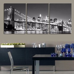 Brooklyn Bridge Night Scenery 3 Pieces Canvas Print Wall Art Poster Home Decor