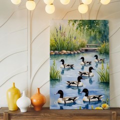 Duck Pond Canvas Wall Art With Colorful Flowers Nature Scene Print Home Decor
