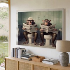 Funny Monkeys Sitting on Toilet Reading Newspaper Bathroom Canvas Wall Art Print
