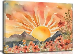 Mid Century Modern Sun Canvas Wall Art Boho Mountain Sunset Poster Room Decor