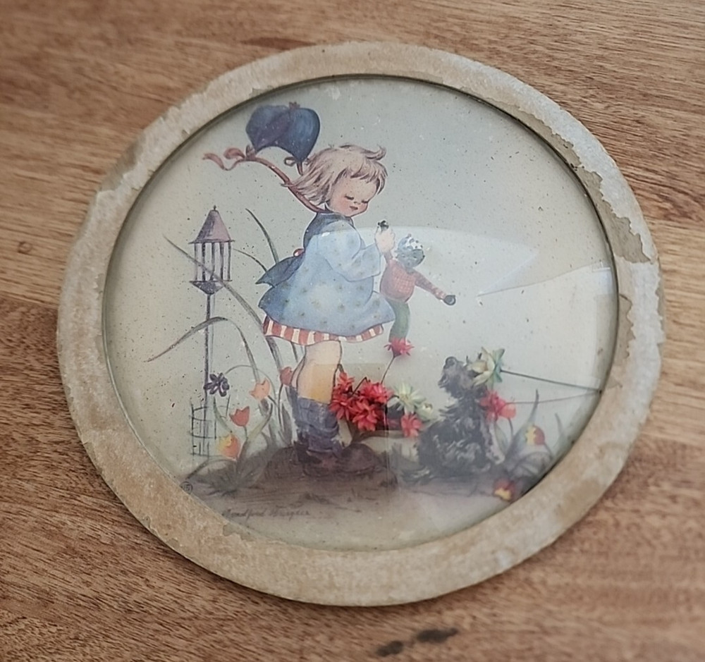 Antique Circular Domed Picture of Child with Flowers and Cardboard Frame 7″ Wide
