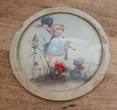 Antique Circular Domed Picture of Child with Flowers and Cardboard Frame 7″ Wide