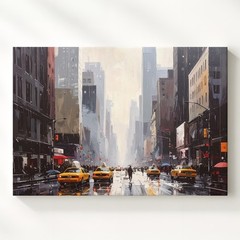 Monochrome Rain City Canvas Yellow Taxi Contrast Urban Wall Art