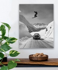 Skier Jumping Over Vintage Porsche Poster 18×24 Unframed Black & White Wall Art