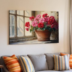 Red and Pink Geraniums in Pot by Window Canvas Wall Art Decor Print Canvas Print