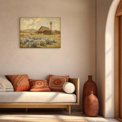 Farmhouse Canvas Wall Art,Vintage Countryside w/Windmill Cottage & Blue Wildf…