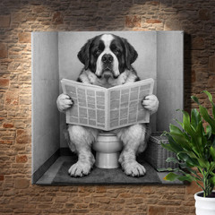 Saint bernard on toilet reading newspaper funny bathroom scene Wall Art
