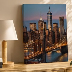 New York City Skyline Canvas Wall Art With Brooklyn Bridge Evening Lights Print