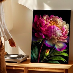 Wall Art Pink Peony Flower Bloom Floral Print Canvas Poster Black Background