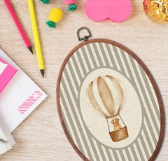 Vintage Golden Retriever Nursery Oval Wall Art, Grey Striped Hot Air Balloon …