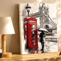 Wall Art London Tower Bridge Red Telephone Booth Rainy Cityscape Print Decor
