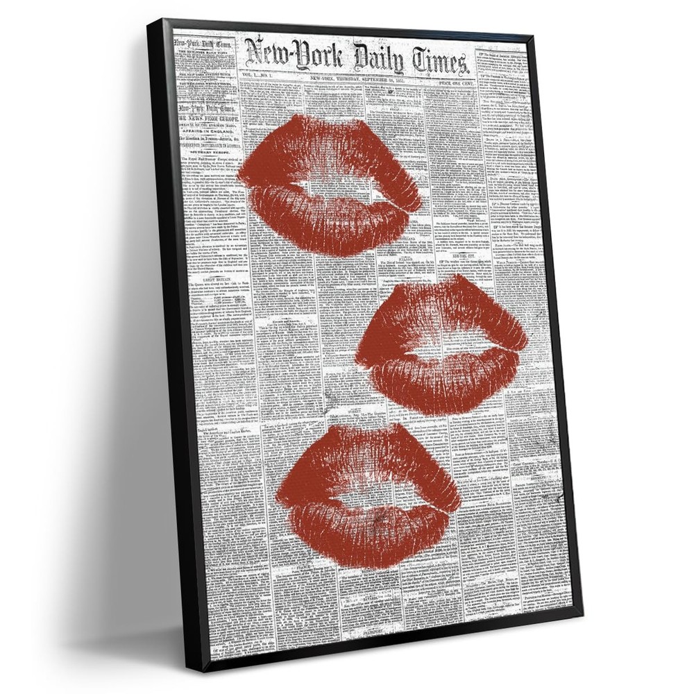 Black White Newspaper Canvas Wall Art, Fashion Red Kiss Lips Aesthetic Poster…