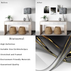 3 Piece Canvas Print Gold Modern Abstract Wall Art Decor Black and White Artw…