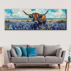 Texas Longhorn Wall Art Rustic Bluebonnet Flowers Extra Large Canvas