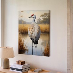 Sandhill Crane In Wetlands Canvasdetailed Painting Of Crane With Reflections