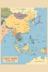 Vintage Map of East Asia Travel World Map with Cities in Detail Map Posters for