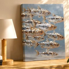 Wall Art School of Silver Fish Canvas Print Coastal Ocean Marine Painting Decor