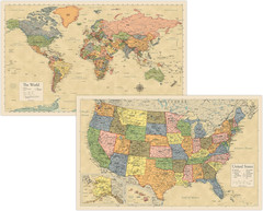 2 Pack – Laminated World Map & US Map Poster Set – Wall Chart Map of the World