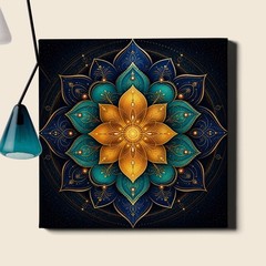 Blue Gold Lotus Mandala Canvas Print Glowing Spiritual Pattern