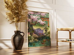 Gengar Cherry Blossom Poster Japanese Garden Koi Pond Print Anime Room Wall Art