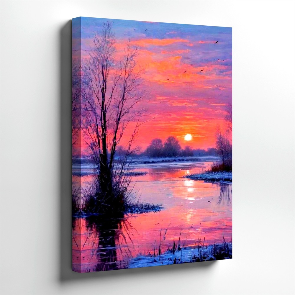 Botanical Canvas Winter Sunset Landscape Pink Sky River Minimalist Office Decor