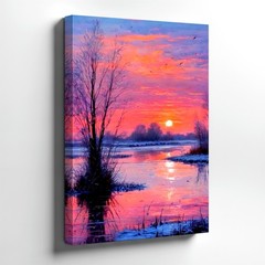 Botanical Canvas Winter Sunset Landscape Pink Sky River Minimalist Office Decor