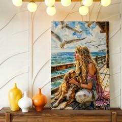Wall Art Coastal Woman with Golden Retriever on Pier Seagulls Ocean Canvasendoft