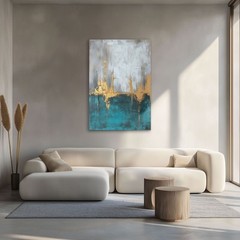 Abstract Gold Teal Gray Painting Print, Framed Canvas Wall Art Modern Elegant