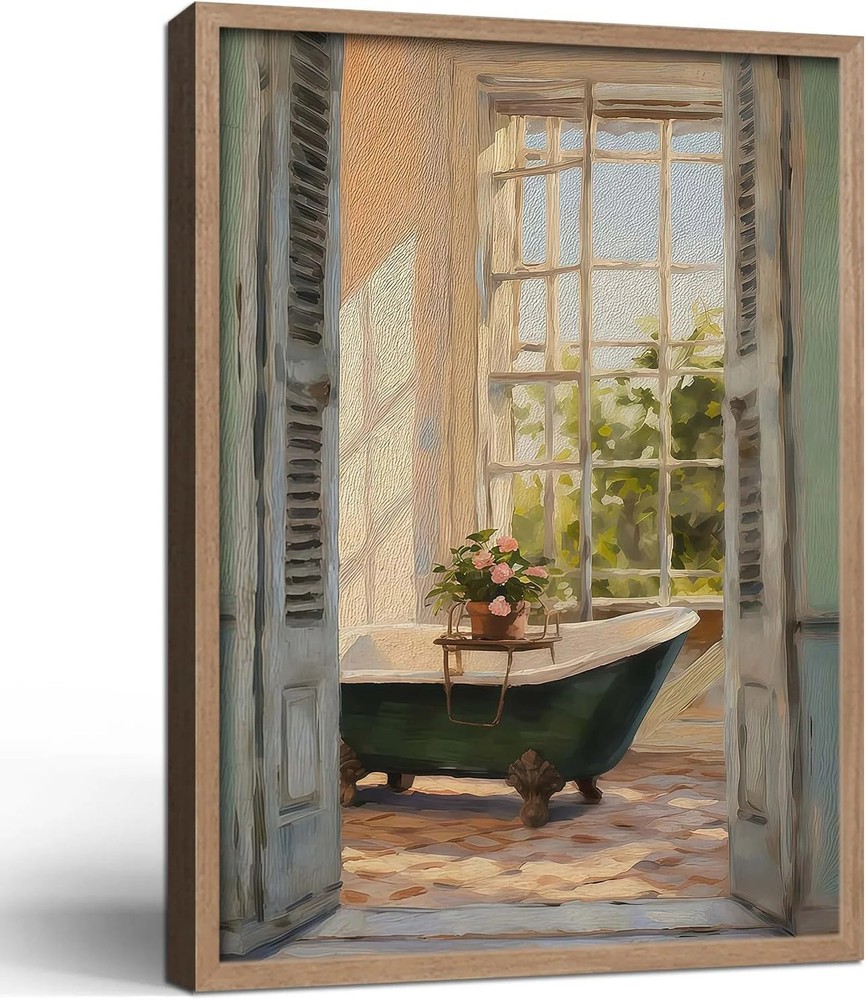 Framed Vintage Canvas Wall Art Print Classical Bathroom Bathtub Poster Flowers G